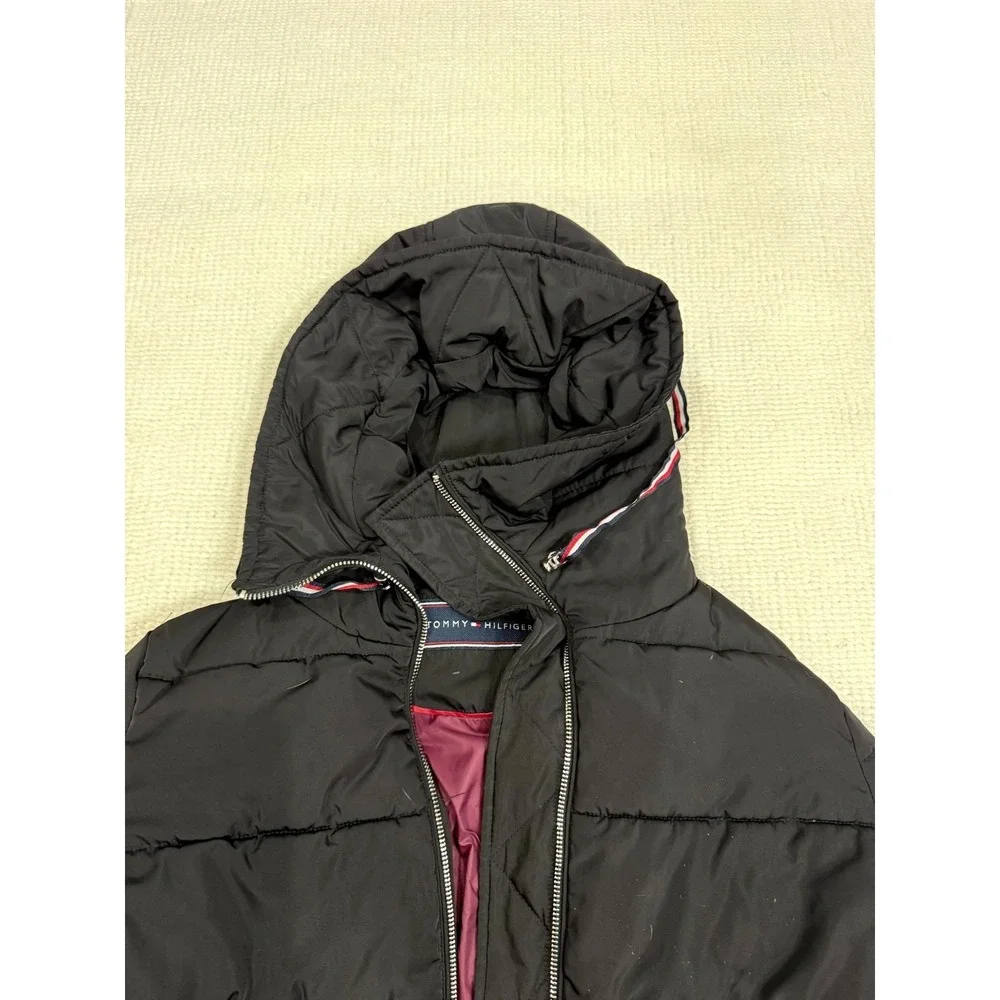 Tommy Hilfiger Puffer Jacket Womens Small Black Lined Hooded Logo Outdoor Zip Up